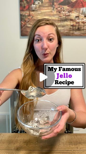 a woman holding a spoon over a bowl with ice cream in it and the words, my famous tello recipe