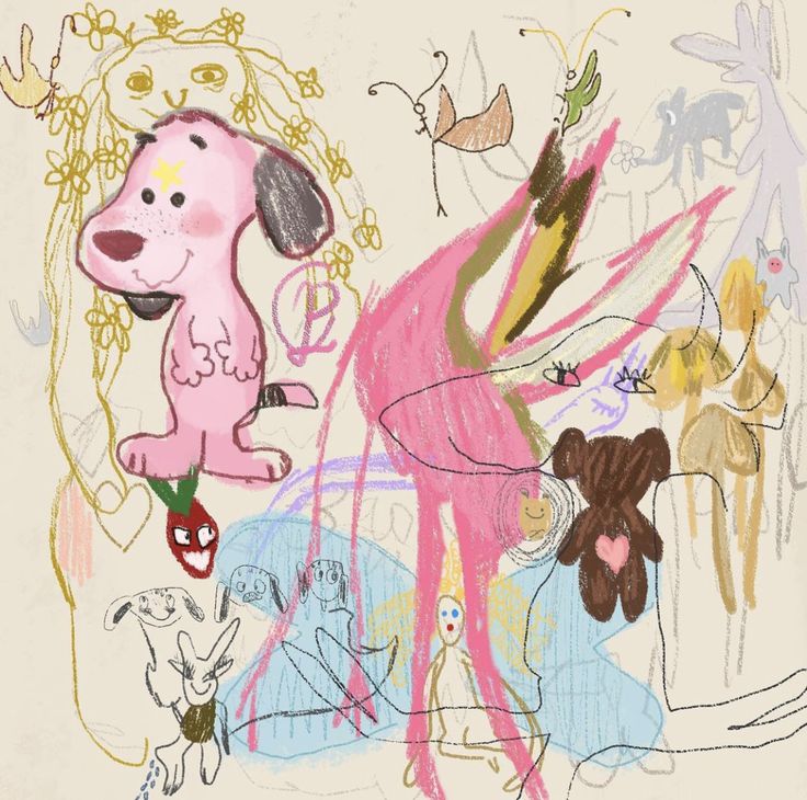 a drawing of a pink dog surrounded by other dogs