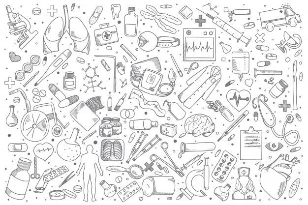 a black and white drawing of medical items in the shape of a circle on a white background