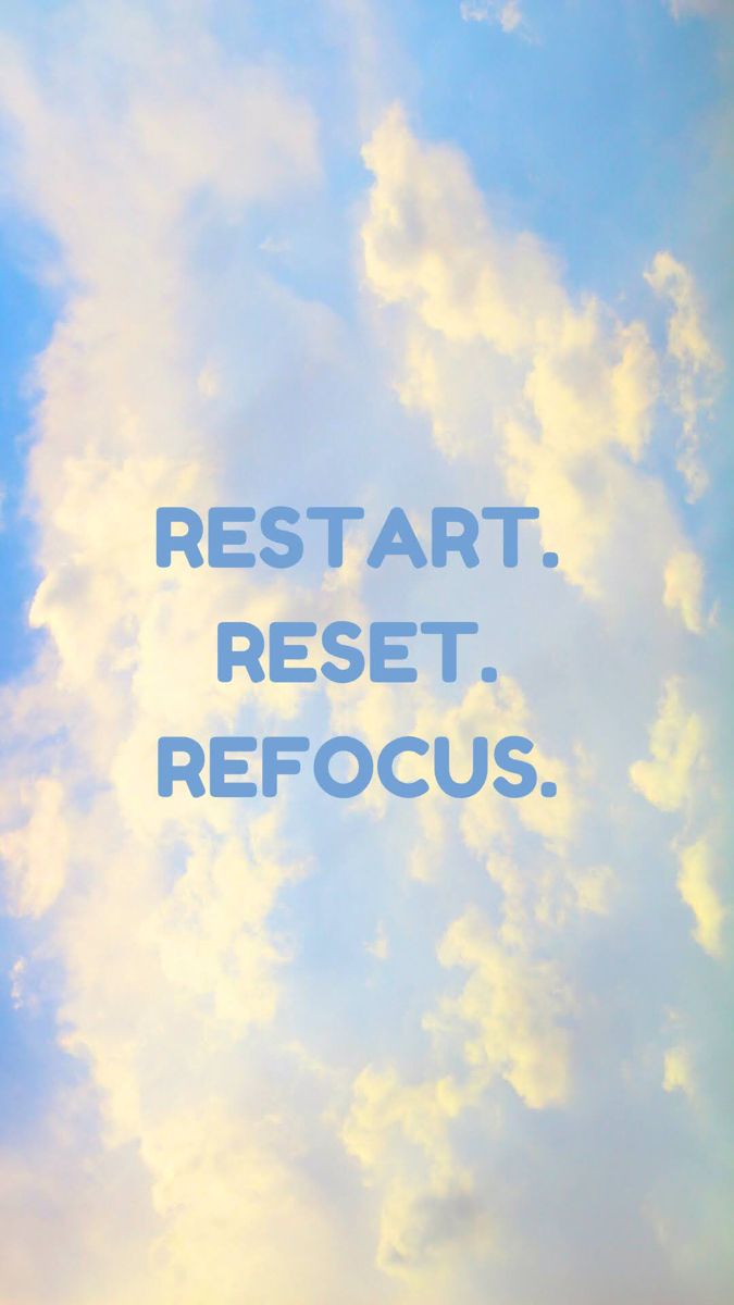 the words rest art rest refocus are in front of a blue sky with white clouds