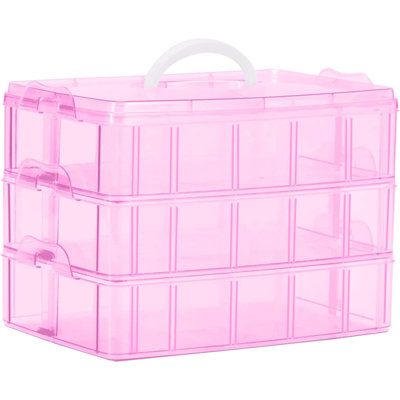 two pink plastic storage boxes with dividers on each side and handles in the middle