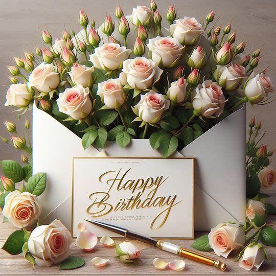 a bouquet of roses in an envelope with the words happy birthday written on it, surrounded by flowers