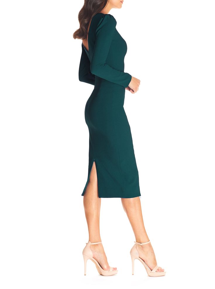 Display elegance and confidence with the Nadia dress in Pine. Featuring a high round neckline, long sleeves that puff at the shoulder, and a form-fitting silhouette. With a front slit, and back slit detail that zip and unzip to your preferred length. Perfectly styled for modest to modern occasions. Winter Office Dress, Dresses For Women Classy, Classy Midi Dresses, Burgundy Cocktail Dress, Dress Display, Office Dresses For Women, Work Dresses For Women, Work Dresses, Form Fitting Dress