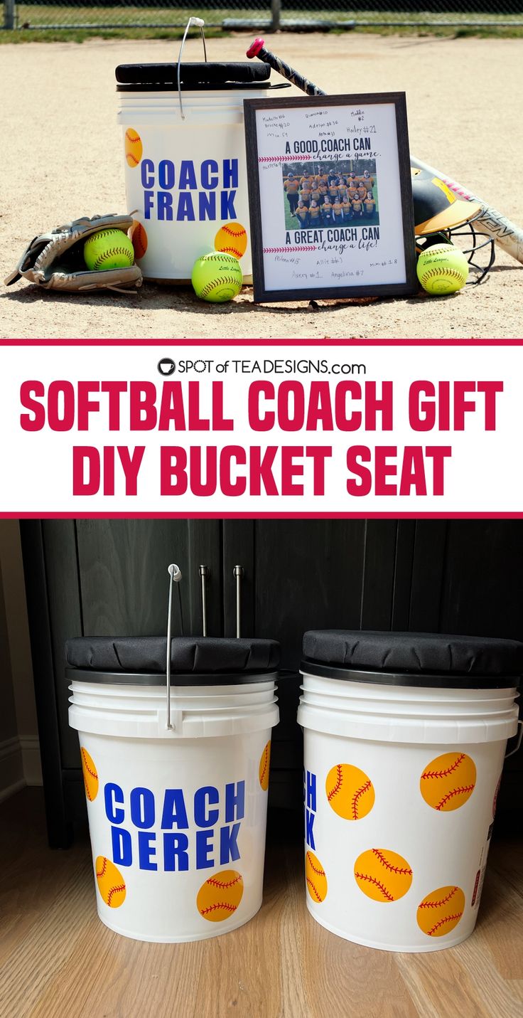 two buckets with softball balls on them and a sign that says softball coach gift diy bucket seat