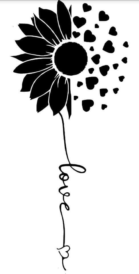 a black and white drawing of a sunflower with hearts coming out of the petals