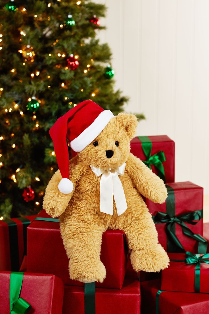 a teddy bear wearing a santa hat sitting on presents in front of a christmas tree