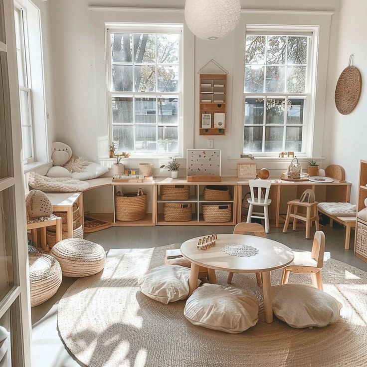 a child's playroom with lots of furniture and toys on the floor in front of large windows