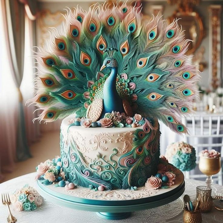 there is a peacock cake on the table