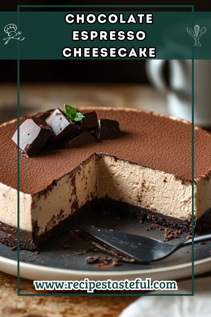 chocolate espresso cheesecake on a white plate