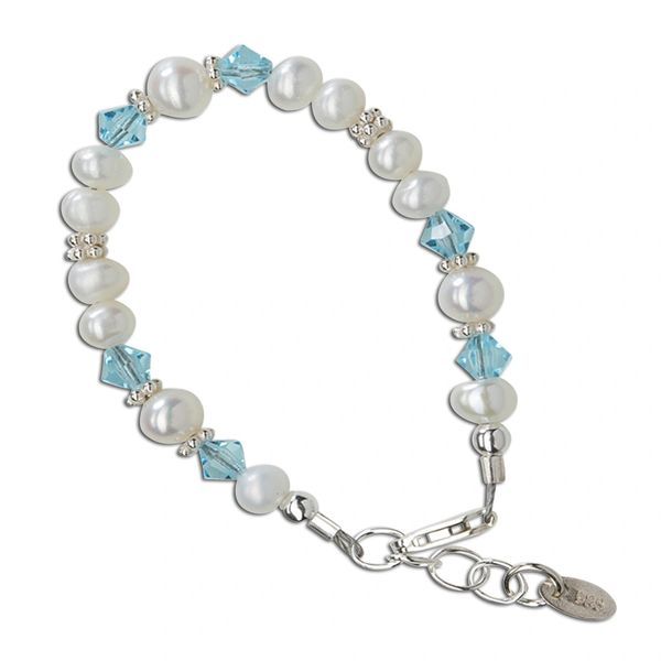 Sterling Silver birthstone bracelet featuring beautiful soft white freshwater pearls and sparkling high-end crystals. This is a beautiful way to celebrate the birth of a new baby or wonderful birthday gifts too! Size Medium (1-5 years) Adjustable Round Pearl Crystal Bracelet For Gift, Classic White Pearl Bracelet For Mother's Day, Elegant Birthstone Charm Bracelet For Birthday, Classic White Bracelets For Mother's Day, Elegant Adjustable Rosary Bracelet For Birthday, Elegant Hypoallergenic Bracelets For Birthday, Elegant White Bracelets For Birthday, Hypoallergenic Pearl Jewelry For Birthdays, Elegant White Bracelet For Birthday