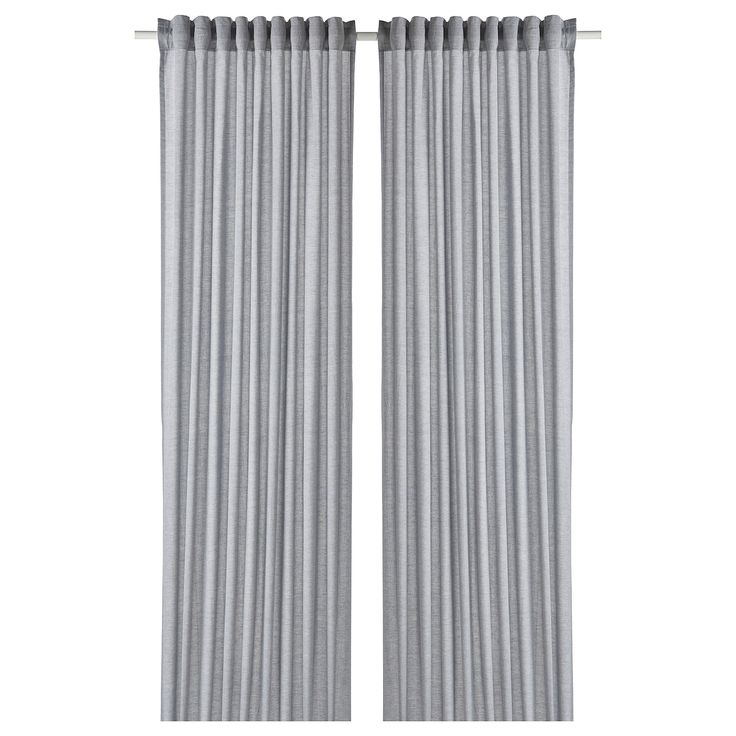 two gray curtains with white stripes on them