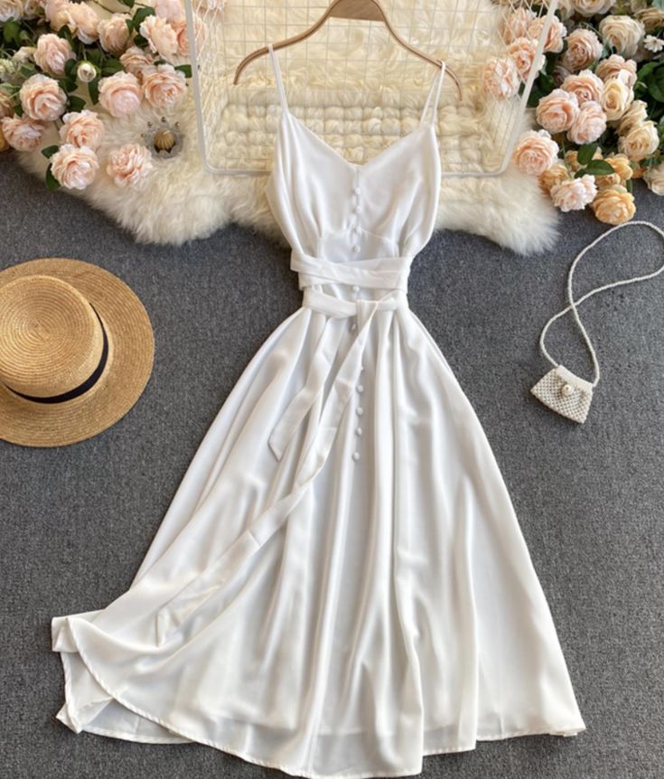 Elegant A-line Chiffon Dress, Chic Chiffon Dress With Spaghetti Straps For Summer, Chic Summer Chiffon Dress With Spaghetti Straps, Solid Color Chiffon Beach Dress, White Chiffon Midi Dress For Party, White V-neck Chiffon Summer Dress, Elegant A-line Chiffon Dress For Spring, Chiffon A-line Sundress Midi Dress, Elegant Summer Chiffon Dresses