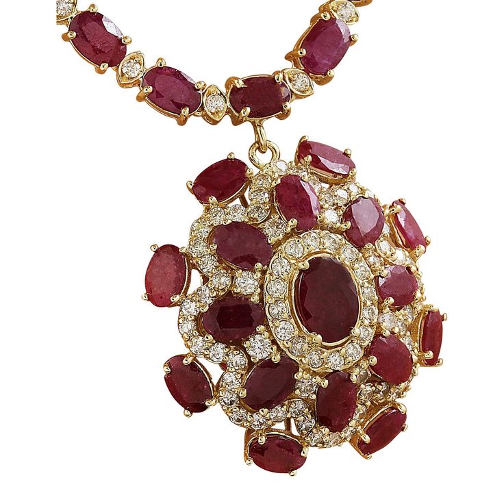 Stamped: 14KTotal Necklace Weight: 32.8 GramsNecklace Length: 19 InchesCenter Ruby Weight: 0.90 Carat (8.00x6.00 Millimeters)Side Ruby Weight: 39.05 (6.00x4.00 Millimeters)Diamond Weight: 3.40 Carat (F-G Color, VS2-SI1 Clarity) SKU: [600727] Luxury Ruby Necklace With Brilliant Cut, Exquisite Oval Diamond Necklace Hallmarked, Dazzling Multi-stone Necklace For Formal Occasions, Formal Oval Necklace With 17 Jewels, Formal Oval Necklaces With 17 Jewels, Classic Ruby Necklace In Yellow Gold, Classic Yellow Gold Ruby Necklace, Classic Ruby Necklaces For Formal Occasions, Exquisite Multi-stone Necklace For Formal Occasions