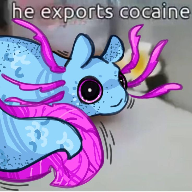 an animated image of a blue and pink animal with text that reads, he exports coaine