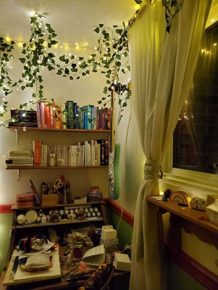 a room with bookshelves and plants hanging from the ceiling in front of a window