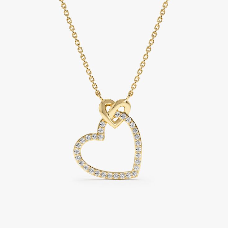 Celebrate the enduring power of love with this captivating Interlocking Heart Diamond Necklace. This exquisite piece features two interlocking heart-shaped pendants, crafted from solid 14k gold (available in yellow, white, or rose gold). One heart shimmers with sparkling diamonds, adding a touch of brilliance and everlasting love, nestled in the embrace of a smaller, smooth gold heart. - Handmade - Solid Gold - Natural Diamonds  - G Color, SI Quality Diamonds - Total Diamond Carat Weight: 0.15 ctw - Pendant Size: 12 mm x 14 mm 🛠 Your Sarah Elise piece is handcrafted with care! Ready-to-ship items go out within 3 business days. Made-to-order pieces typically take 7-10 business days to create. If you need something sooner, please contact us - we'll see if we can make it happen! For estimate Elegant Sterling Silver Heart Necklace With Cable Chain, Promise Necklace With Heart Pendant, Promise Necklace With Heart Charm And Shape, Promise Necklace With Heart Charm, Heart Pendant Necklace With Heart Charm For Promise, Anniversary Heart Pendant Necklace With Cable Chain, Promise Heart Pendant Necklace With Heart Charm, Promise Necklaces With Heart Charm, Valentine's Day Promise Necklace With Heart Charm