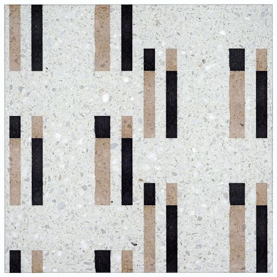 an abstract pattern made up of black and brown strips on white marble with speckles