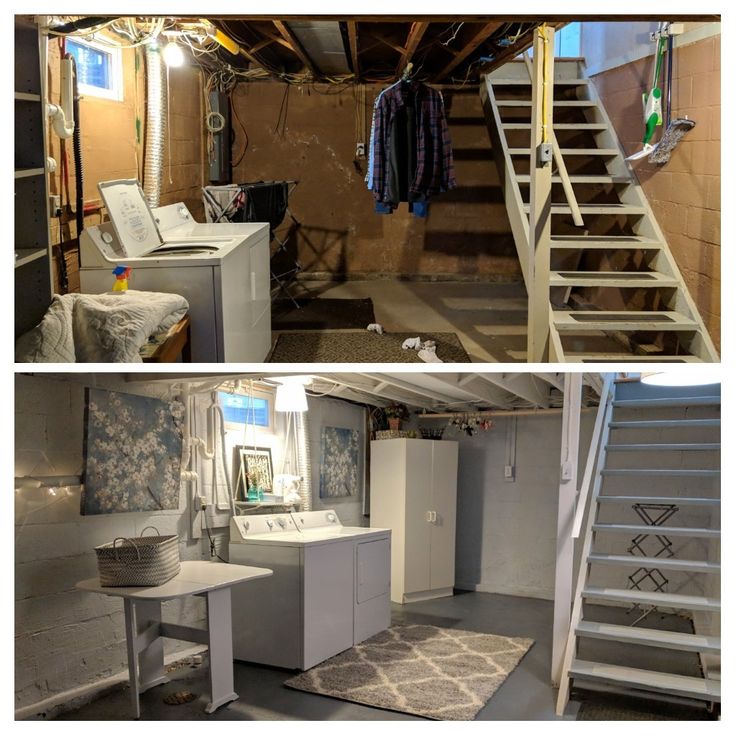 there are two pictures of the inside of a house with stairs and laundry room in it