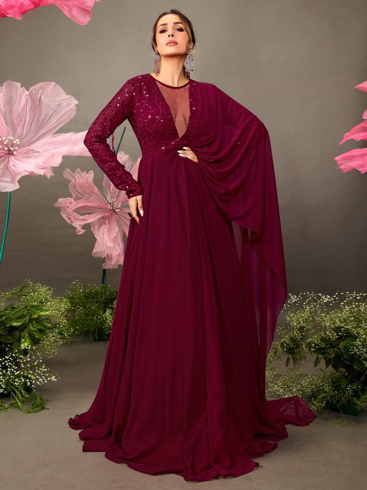 Maroon Floral Embroidered Gown with Draped Dupatta - Inddus.com Floral Embroidered Gown, Designer Gown, Malaika Arora, Cute Casual Dresses, Solid Skirt, Diwali Festival, Festival Celebration, Bridal Blouse Designs, Embellished Top