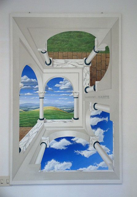 an open window with blue sky and clouds painted on the wall above it, as if looking out