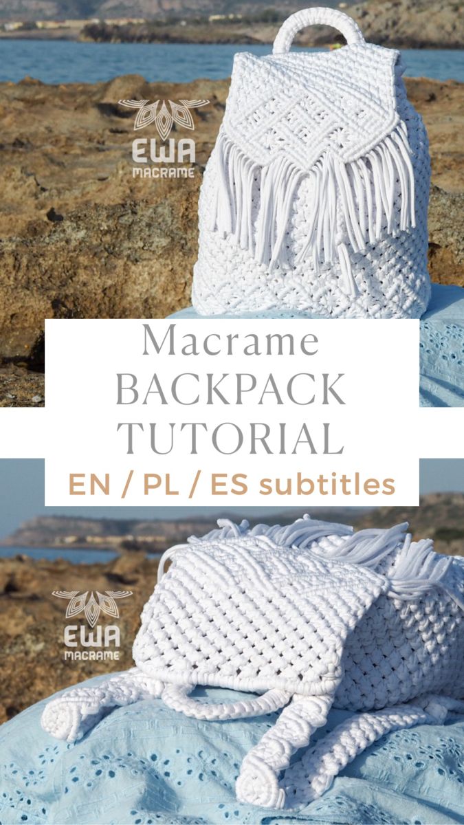 a crocheted bag sitting on top of a rock next to the ocean with text overlay that reads macrame backpack