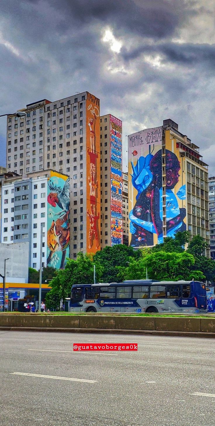 the city is full of tall buildings with colorful murals on it's sides and an overcast sky