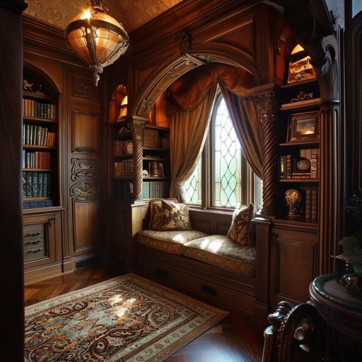 a room with a couch, bookshelf and window