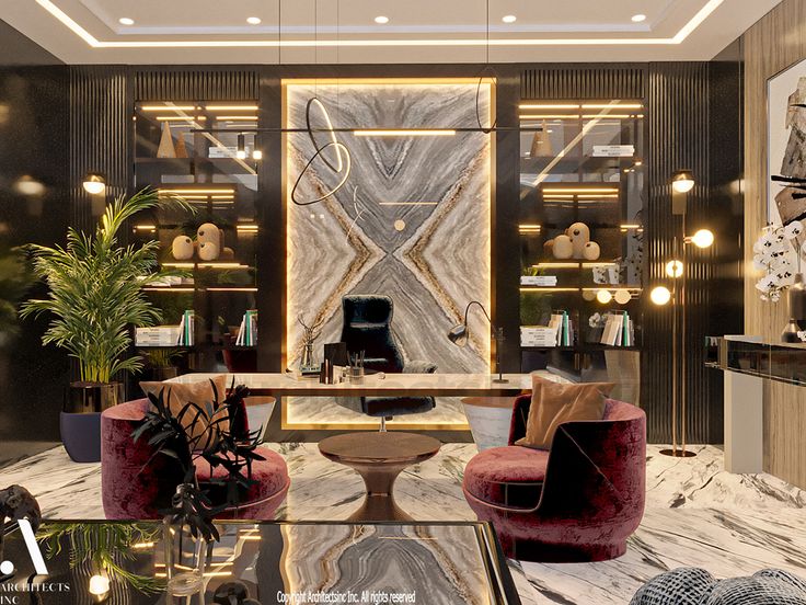 an elegant office with marble floors and walls, surrounded by modern furniture in the center