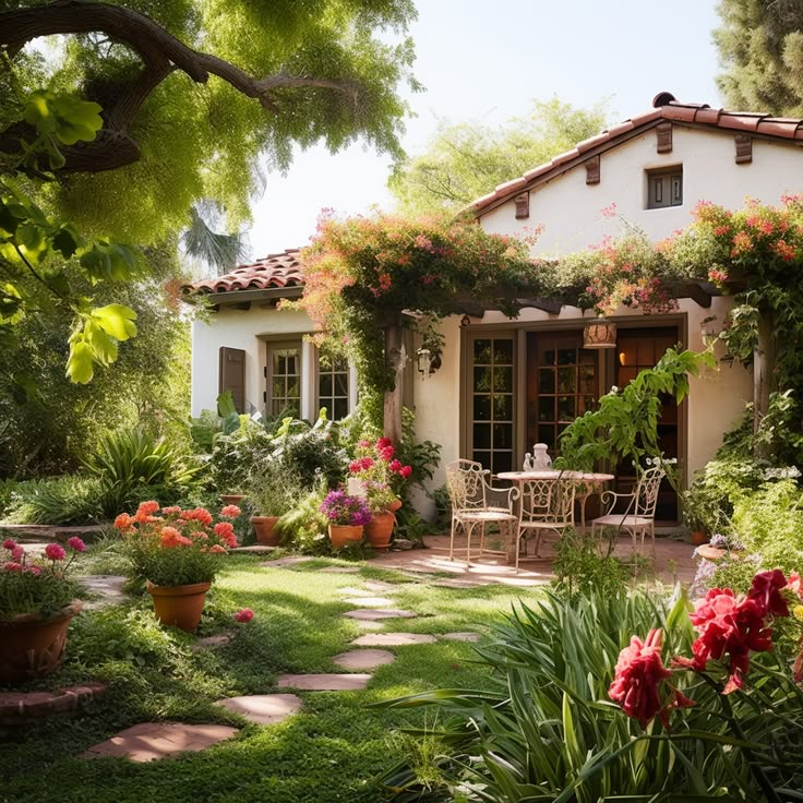 a house with lots of flowers in the front yard and patio area next to it