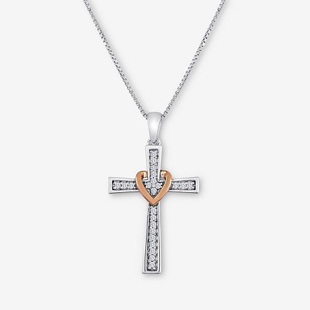 This beautiful cross pendant will beautifully represent your faith with rows of diamonds set in 14K yellow gold over silver.Metal: Rhodium-plated 14K yellow gold over silverClosure: Spring-ringFeatures: Religious Jewelry, Quick ShipDiamond Clarity: I3Setting: ProngShape: CrossStone Cut: RoundDiamond Color: I-JChain Length: 18 InchRounded Carat Weight: 1/10 Ct. T.w.Chain Construction: BoxCare: Wipe CleanAuthenticity: Natural DiamondBirthstone: April BirthstoneMetal: Sterling SilverNecklace Type: White Gold Cross Charms For Anniversary, Mother's Day Cross Jewelry, Anniversary Diamond Cross Pendant Necklace, Mother's Day Cross Pendant Jewelry, Mother's Day White Gold Cross Pendant Jewelry, White Gold Cross Jewelry For Mother's Day, Rose Gold Cross Jewelry With Diamond Accents, White Diamond Accented Crucifix Jewelry, Diamond White Crucifix Cross Necklace For Anniversary