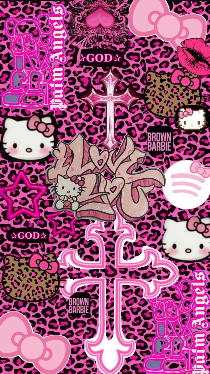 an image of hello kitty wallpaper with pink and black designs on the bottom half of it