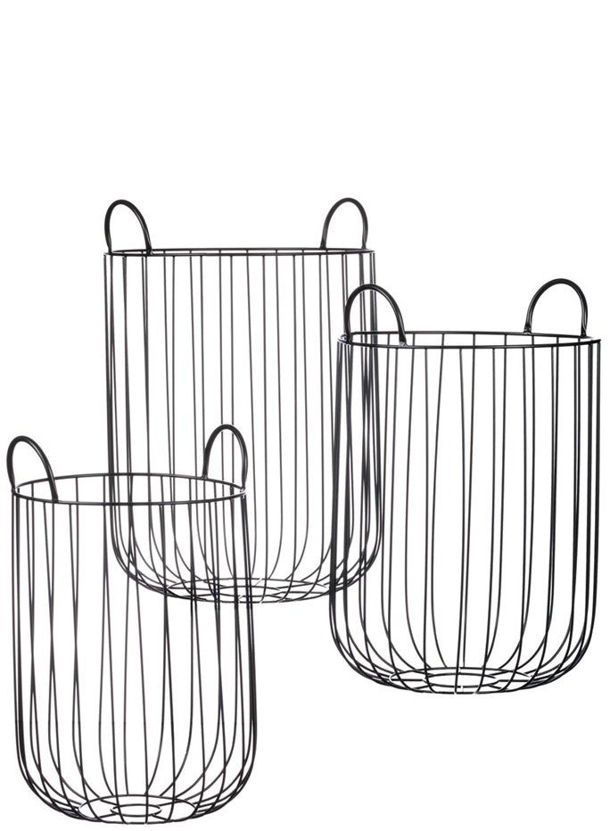 three wire baskets with handles on each side and one in the middle, set against a white background