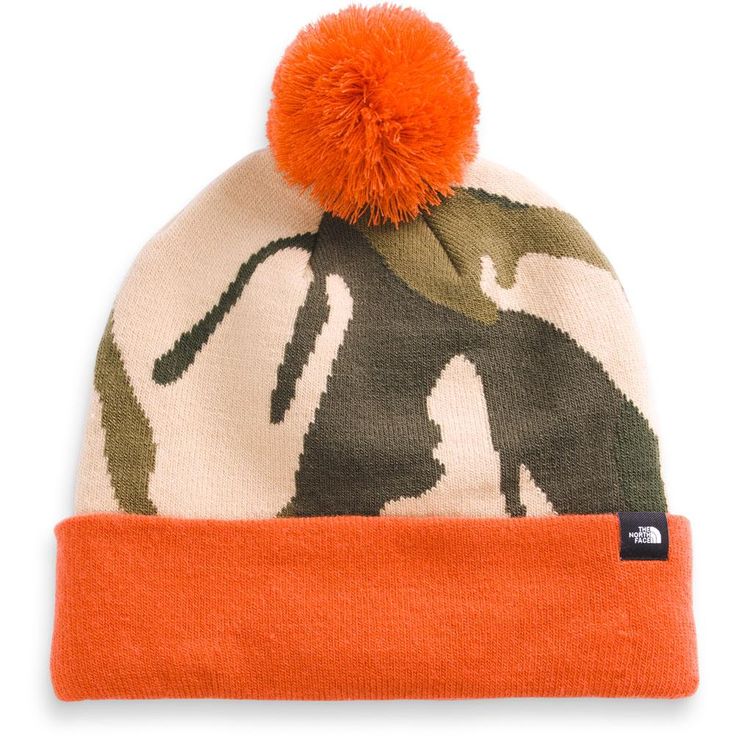 the north face camo pom - pom beanie in orange and white