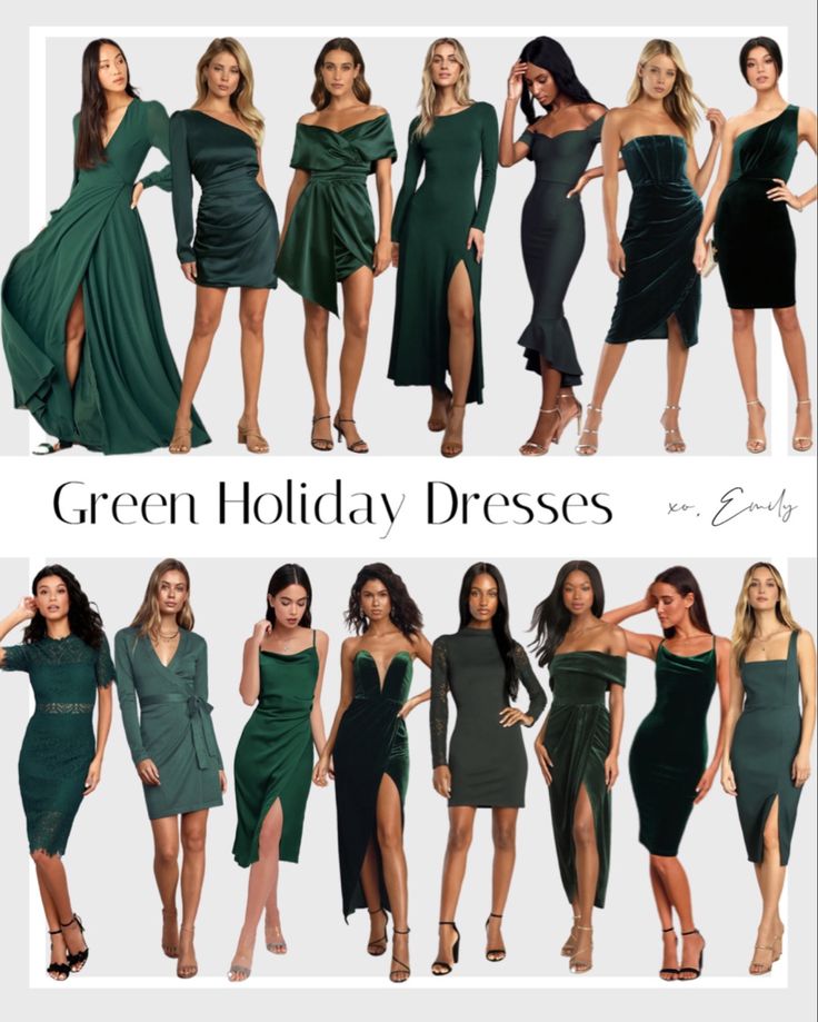 Christmas Party Green Dress, Womens Green Christmas Dress, Emerald Dress Christmas, Emerald Green Christmas Pictures, Holiday Green Dress, Green Dress For Christmas Party, Green Velvet Holiday Dress, Hunter Green Christmas Outfits, Christmas Colours Outfit