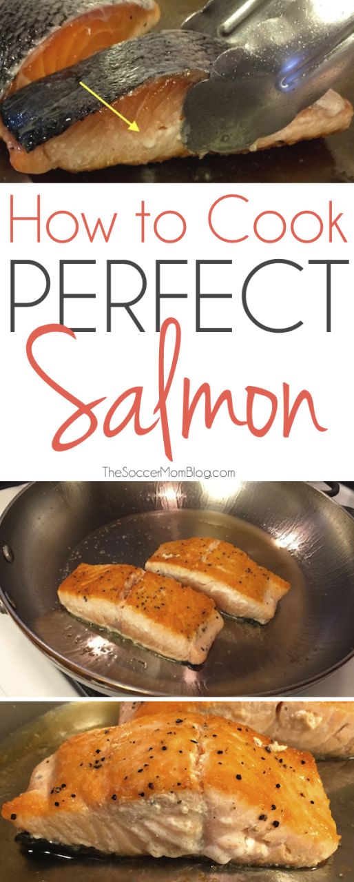 how to cook perfect salmon in a skillet with the title overlay above it