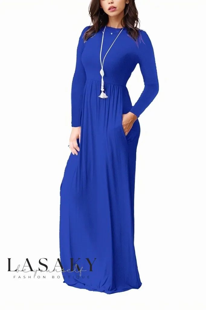 Lasaky - Elegant Long-Sleeved Belted Maxi Dress Blue Long Sleeve Maxi Dress For Fall, Blue Long Maxi Dress For Fall, Casual Long Sleeve Fitted Dress, Casual Fitted Long Sleeve Dress, Flowy Long Sleeve Solid Color Dress, Blue A-line Maxi Dress For Fall, Plain Long Sleeve Maxi Dress For Fall, Flowy Long Sleeve Floral Dress, Blue Plain Dresses For Spring