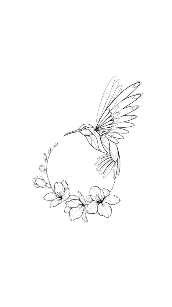 a black and white drawing of a hummingbird with flowers around it's neck