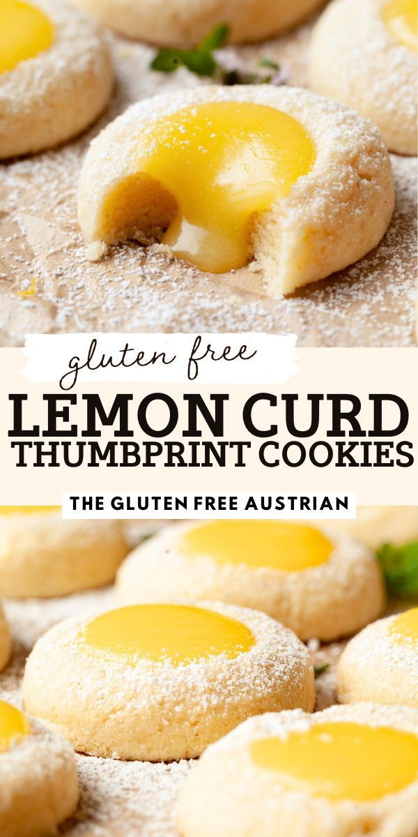 gluten free lemon curd thumbprint cookies with powdered sugar on top