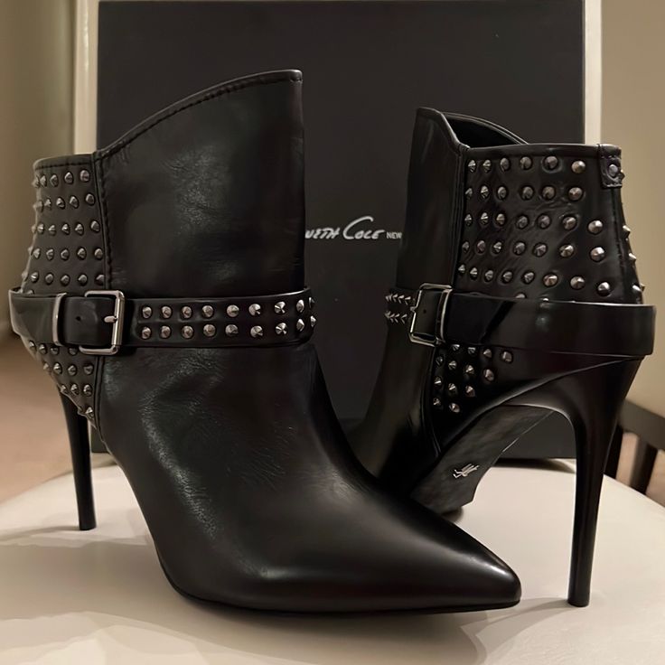 Gorgeous! Pair Of Studded Leather Ankle Booties From Kenneth Cole. - Buckle Strap Goes Around Boot - Pull On Style - Stiletto 4” Heel - Leather Lining - New In Box Elegant Studded Pointed Toe Heeled Boots, Elegant Studded Heeled Boots With Pointed Toe, Elegant High Ankle Heeled Boots With Buckle Closure, Chic High Ankle Heels With Buckle Closure, Chic Heeled Boots With Ankle Strap And 4-inch Heel, Chic Studded Ankle Boot Heels, Chic Ankle Strap Heeled Boots With 4-inch Heel, Elegant Studded Heeled Boots For Formal Occasions, Chic Ankle Strap Boots With 4-inch Heel