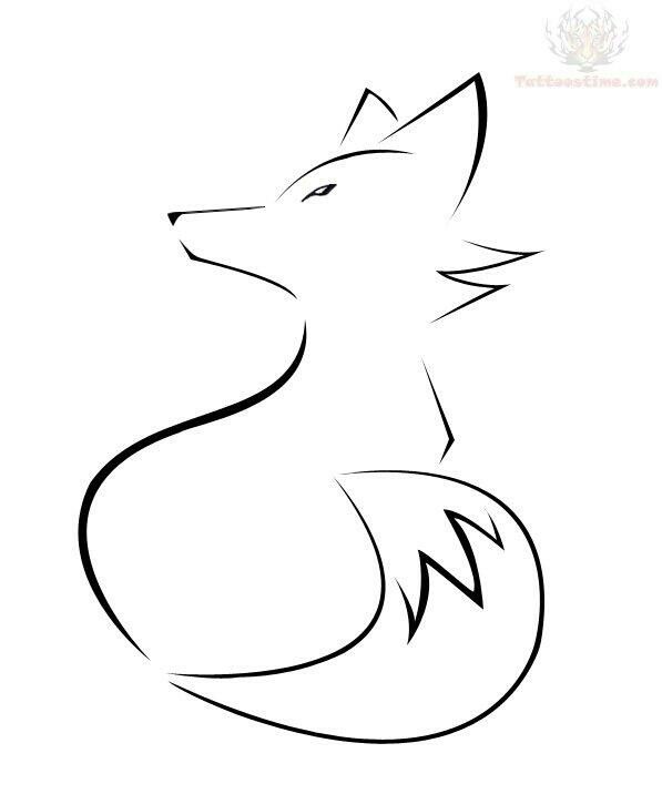 a black and white drawing of a fox's head with its tail curled up