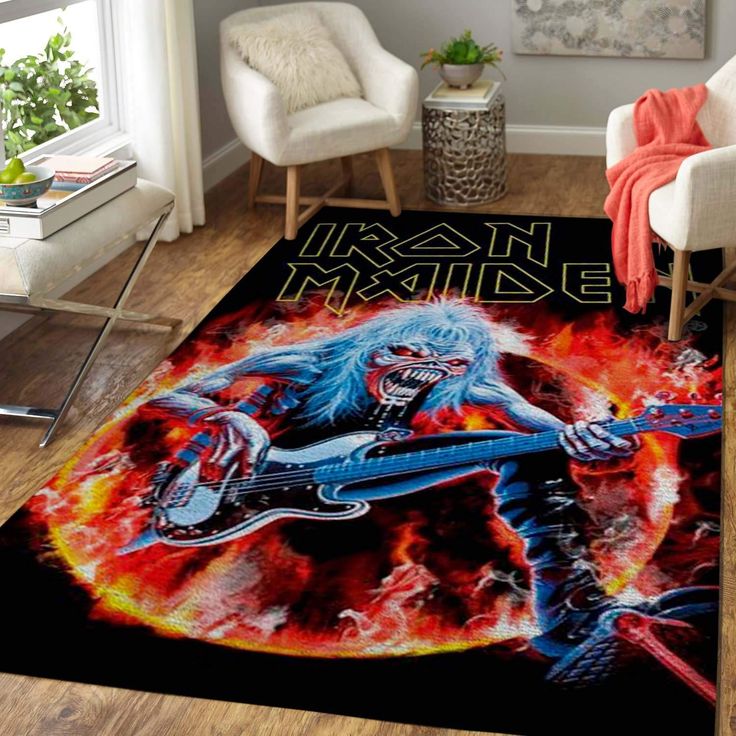 a living room area rug with an iron maiden on it