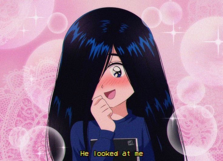 an anime character with long black hair holding a cell phone to her ear and looking at the camera