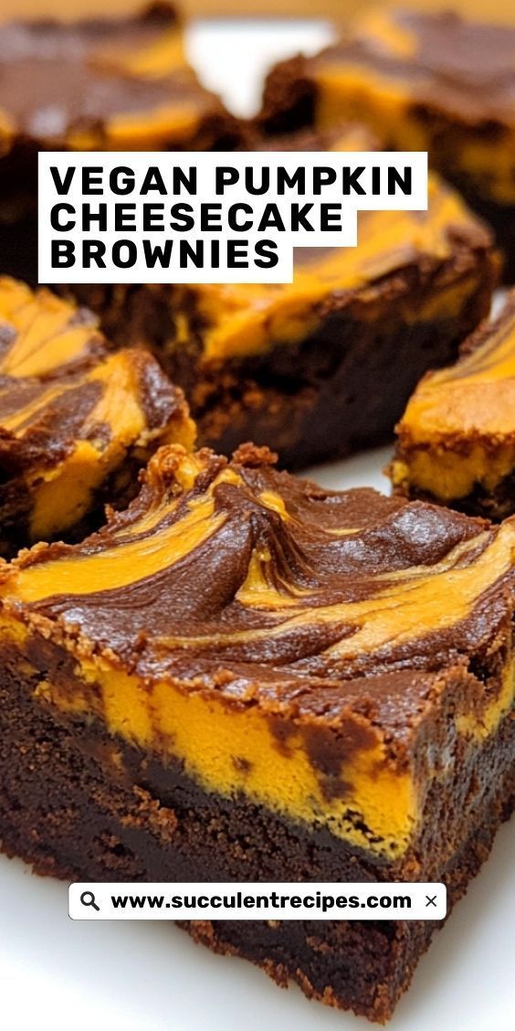 vegan pumpkin cheesecake brownies on a plate with the words vegan pumpkin brownies