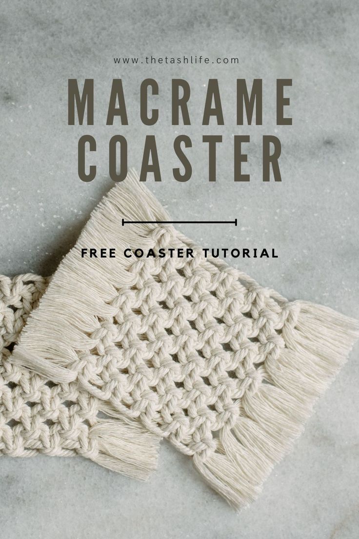 the macrame coaster is knitted in white yarn and sits on a marble surface