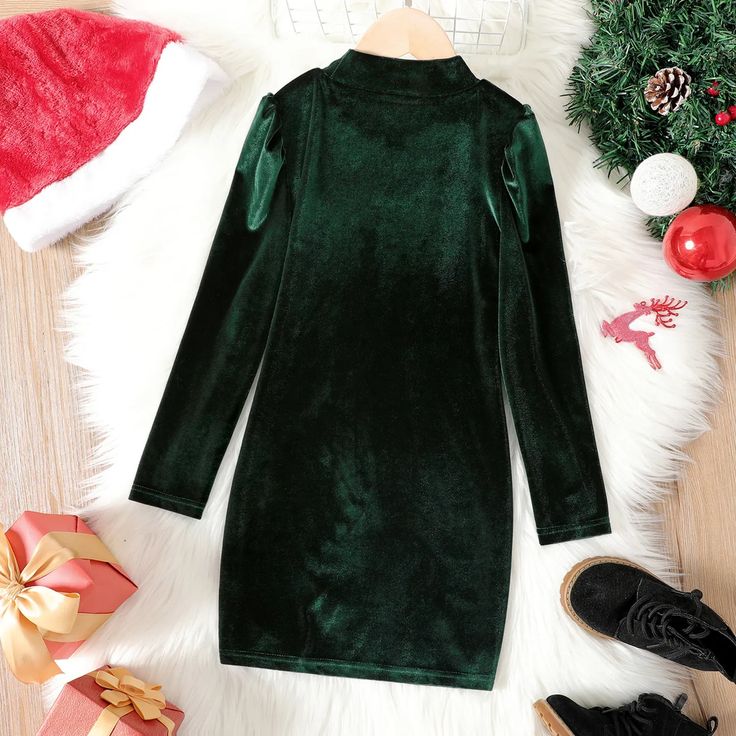 Sleeved Velvet Dress, Made In China, Velvet Dress, Mock Neck, Puff Sleeve, Solid Color, Velvet, China, Free Shipping