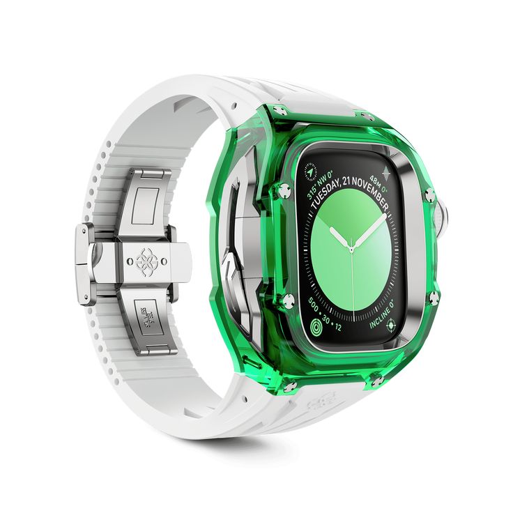 ADVENTURE AWAITS Experience the pinnacle of craftsmanship with the Racing Sport Transparent Edition, designed exclusively for Apple Watch Ultra 1 and 2. Our master artisans have meticulously created a Sapphire Green transparent case crafted from advanced nylon, accentuated with titanium details, and paired with a specialized high-density translucent FKM rubber strap. Each RS-Transparent case is a testament to precision engineering, featuring over 50 individually designed components to ensure a f Modern Green Watch With Bracelet Strap, Modern Green Rectangular Apple Watch Band, Modern Green Watches For Gift, Rectangular Green Apple Watch Band As A Gift, Green Watch Accessories With Bracelet Strap As Gift, Green Rectangular Apple Watch Band Gift, Green Bracelet Strap Watch Accessories As Gift, Apple Watch Sport, Apple Watch Ultra