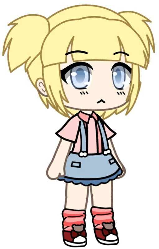 a drawing of a girl with blue eyes and short blonde hair, wearing pink boots