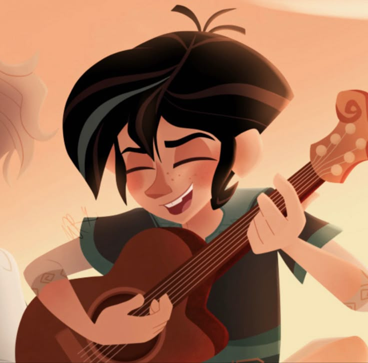 a cartoon character holding a guitar and smiling