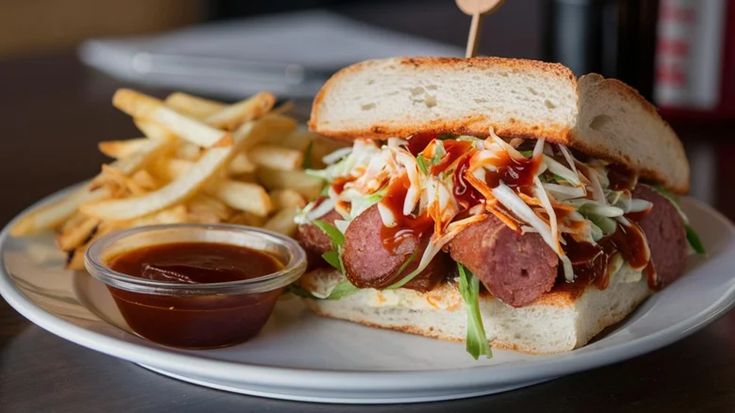 a close up of a sandwich on a plate with french fries and ketchup