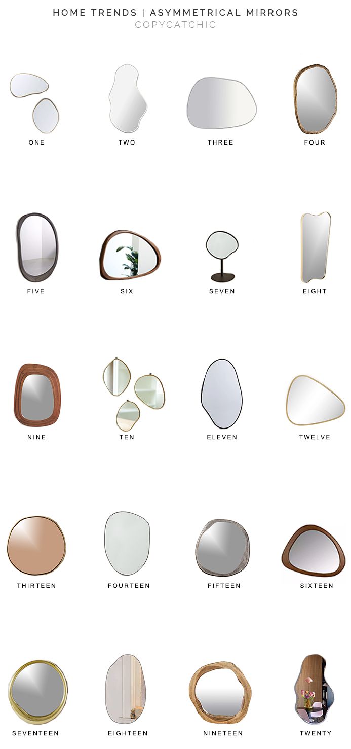 various types of mirrors are shown in this graphic style, with different shapes and sizes